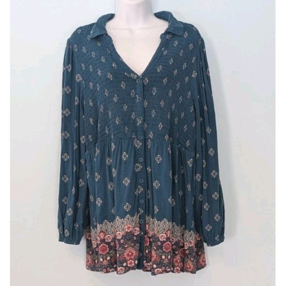 Torrid Cottagecore Peasant Top Women's 2 2X Long Sleeves Blue Collared